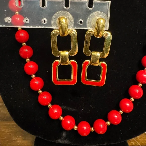 Monet Red Beaded Necklace and Earring Set - Picture 2 of 10